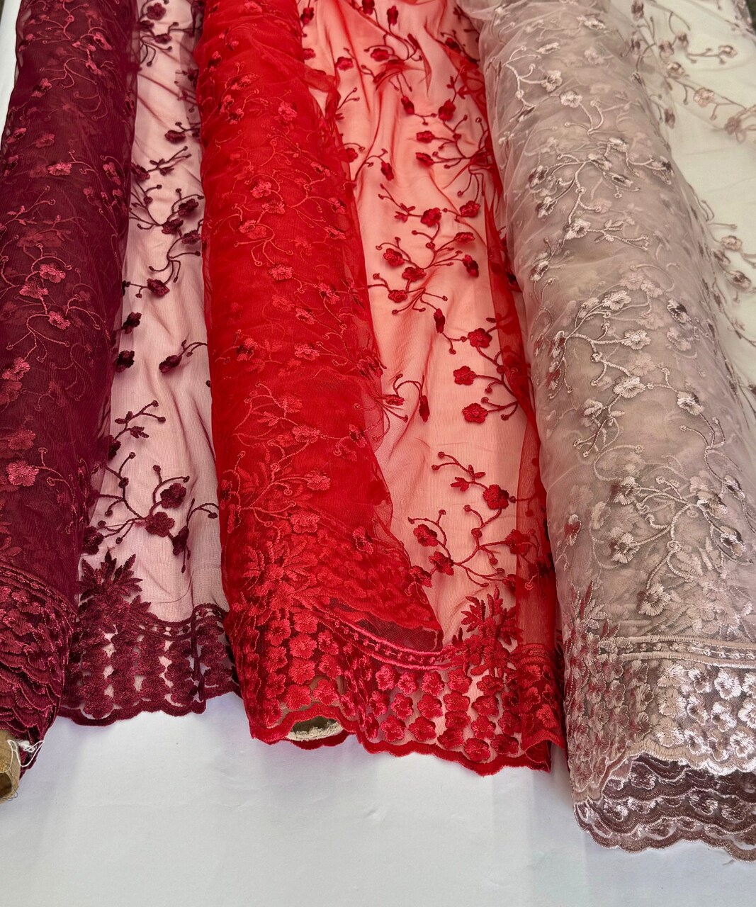 Blush Sequin Embroidered Lace Fabric by the Yard, 54" Wide Floral Mesh Lace with Double Scalloped Edges